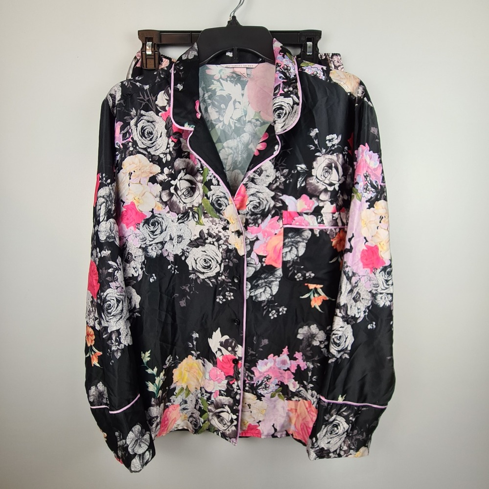 Victoria's Secret Floral Satin Pajama Set L/XL Black Pink Button Top Shorts PJ